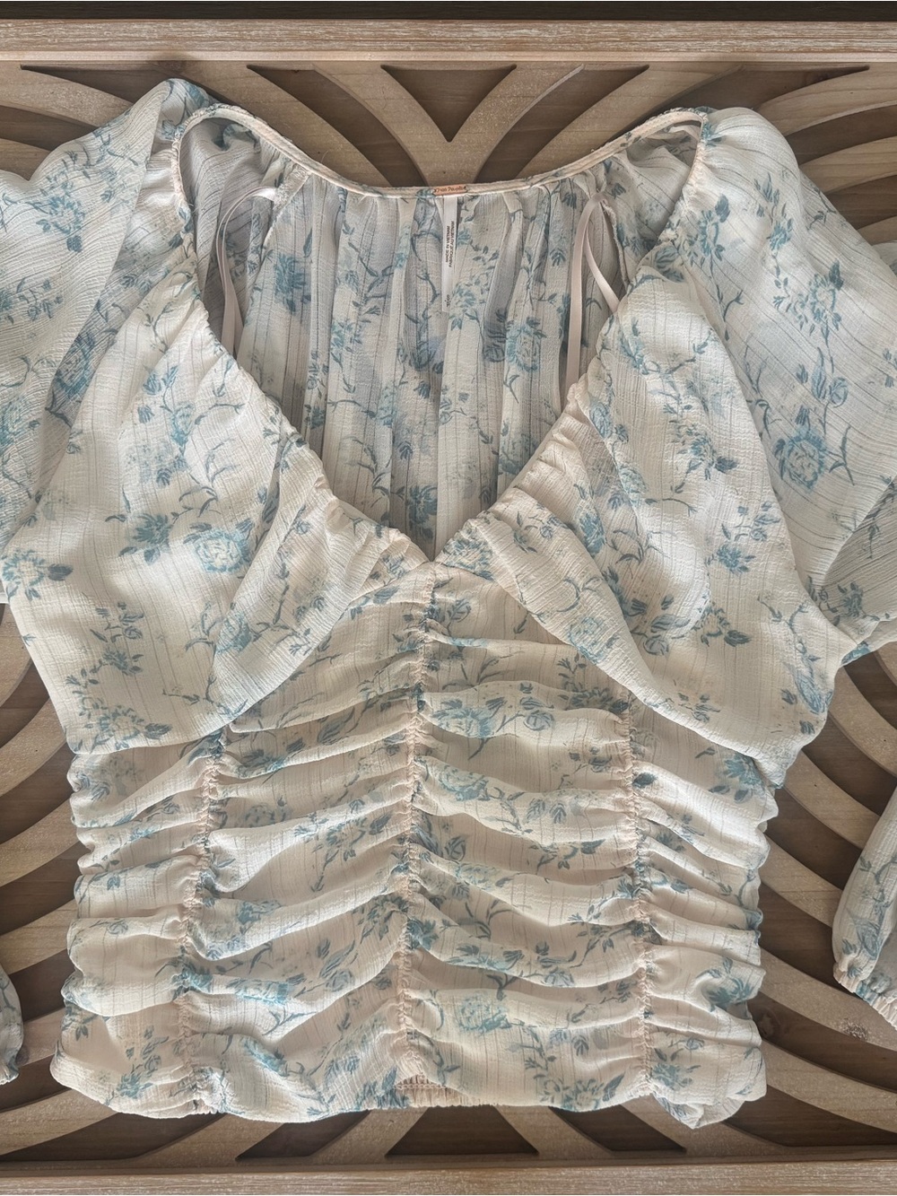 Free People Ruched Puff-Sleeve Floral Top in Cream and Light Blue